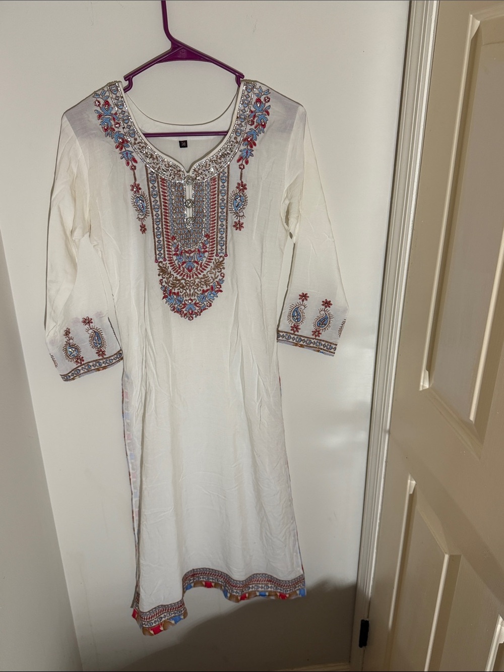 Embellished White Embroidered Midi Dress
